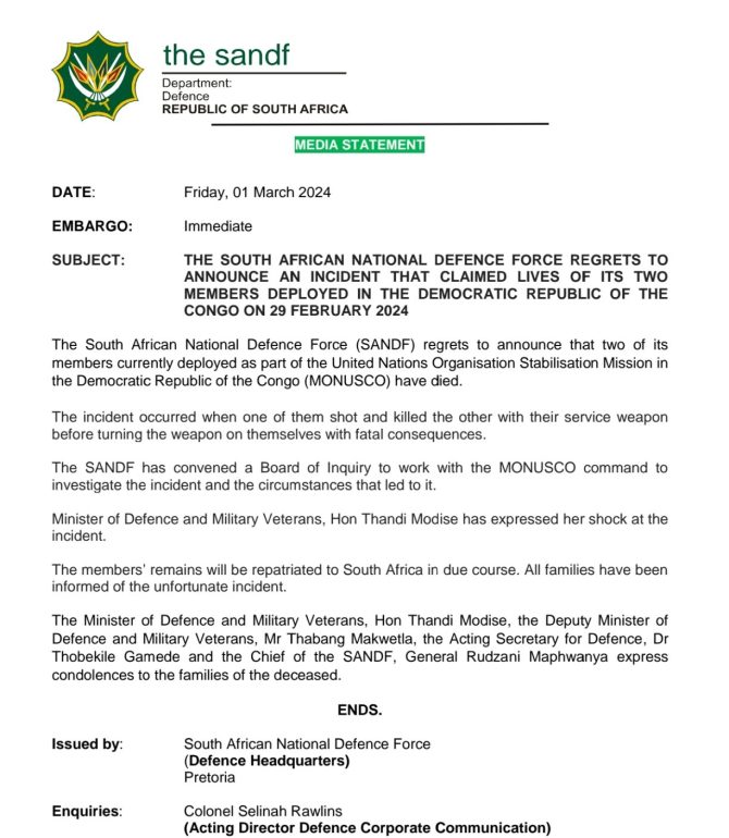 SANDF announces the passing of two members currently deployed in the DRC